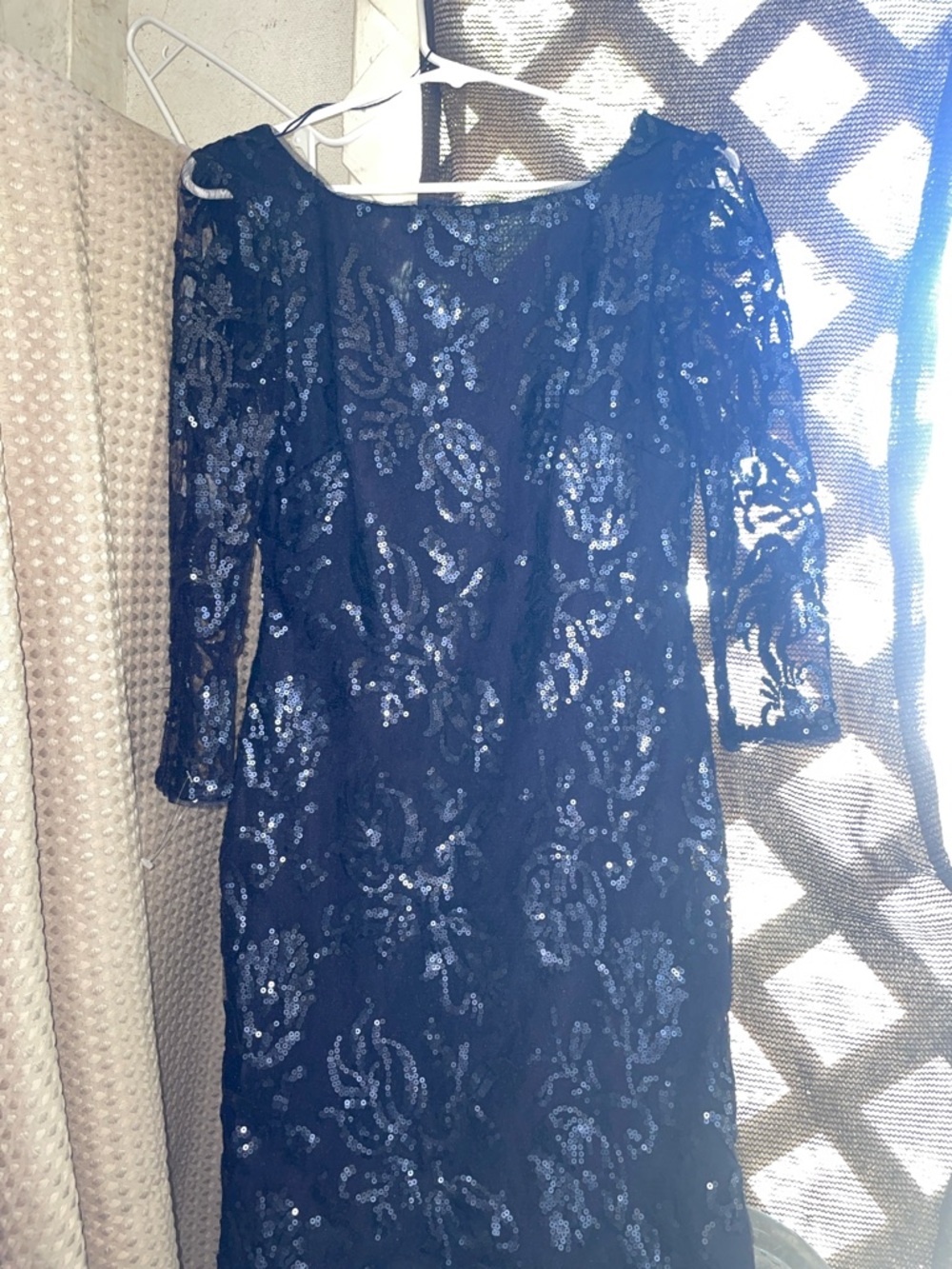 Adrianna Papell Navy Sequin Long Sleeve Sheath Dress